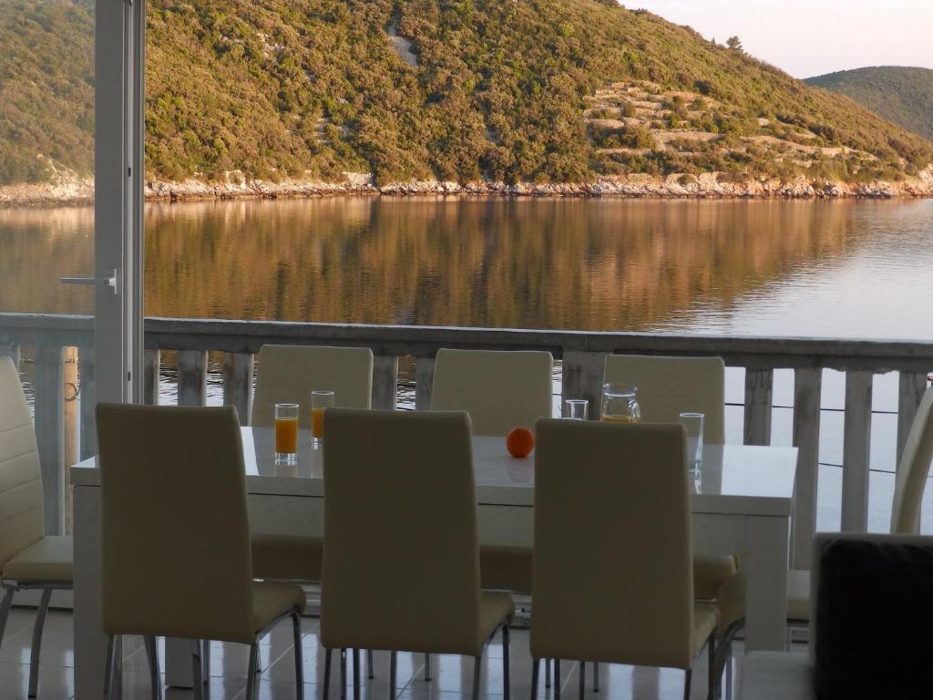 - une table avec des chaises et une vue sur le lac dans l'établissement Apartment Ana Marija Savar, à Savar