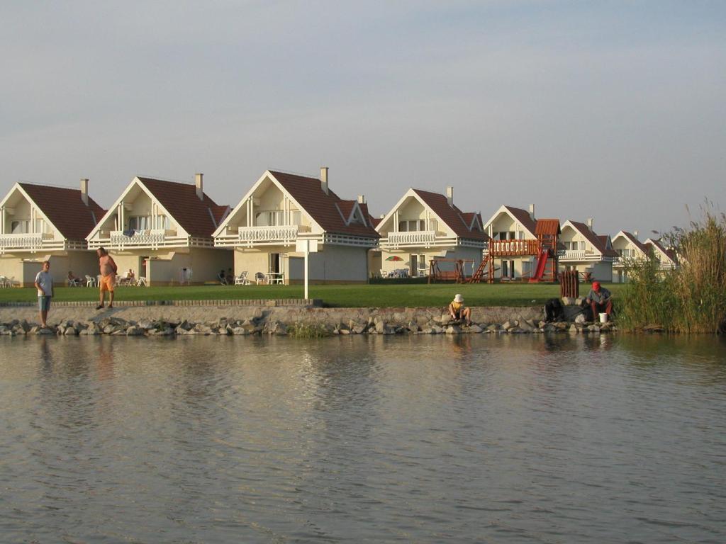 a group of houses next to a body of water at Gólya Villa Park in Velence