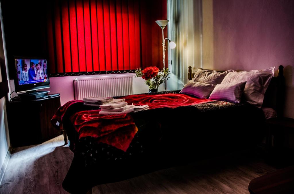 a bedroom with a large bed with a red window at Pensiunea Georgibel in Deva