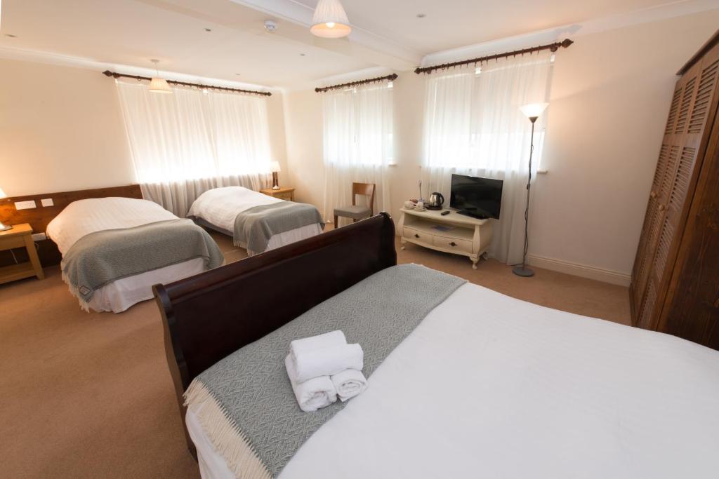 una camera d'albergo con due letti e una televisione di Connemara Lake Hotel a Oughterard
