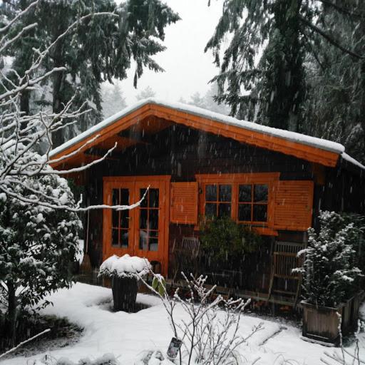 a log cabin with snow on the roof of it at Bed En - of zonder - Breakfast Putten in Putten