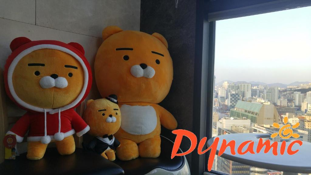 um grupo de ursinhos de peluche sentados numa prateleira em Dynamic Guesthouse em Busan