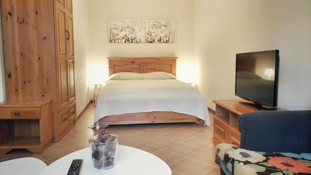 a bedroom with a bed and a tv and a couch at Studio Nest in Bansko