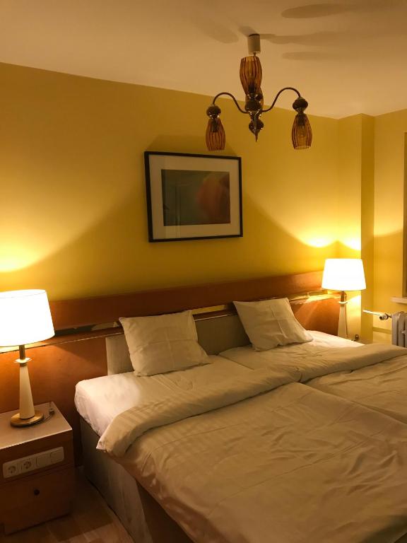 a bedroom with a large bed with two lamps at Apartament EWA in Tarnów