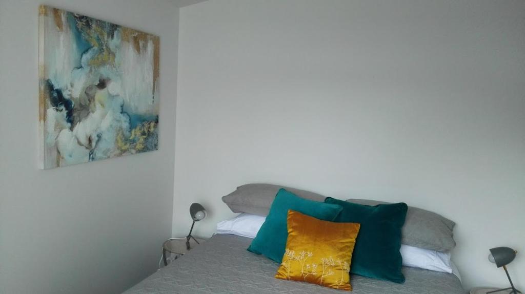 a bedroom with a bed with colorful pillows and a painting at Villa on Milton in Nelson