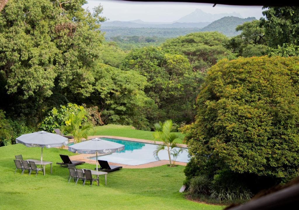 a swimming pool with chairs and umbrellas in the grass at Kumbali Country Lodge in Lilongwe