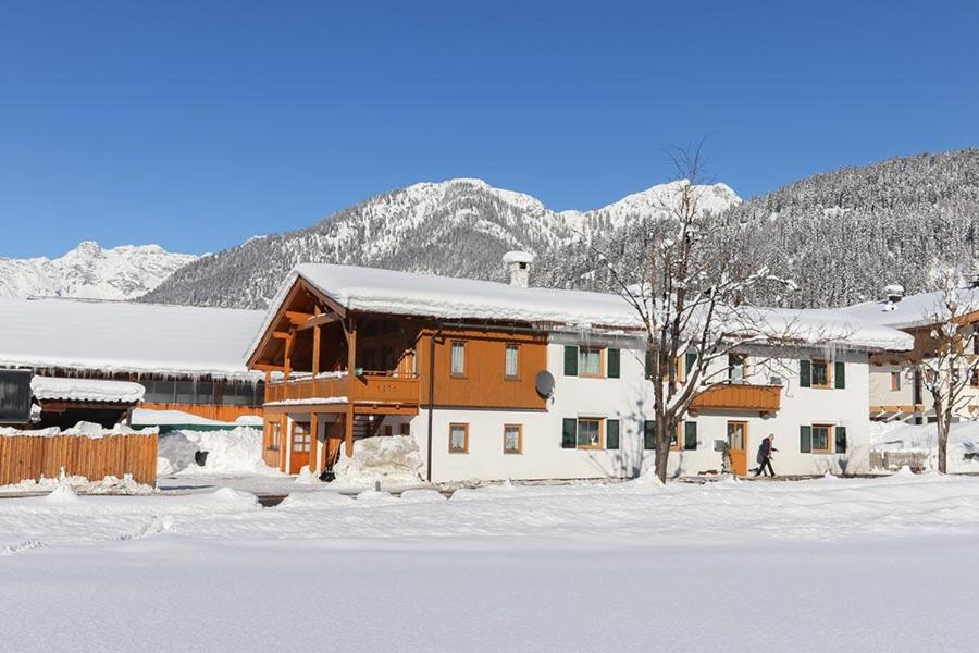 a building in the snow with a mountain in the background at Gertis Ferienwohnung in Hochfilzen