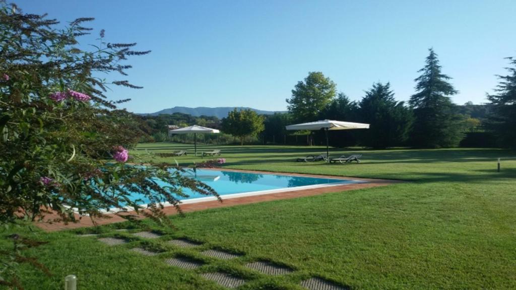 una piscina en un patio con sombrillas en "encantea" lovely country house en Lucca