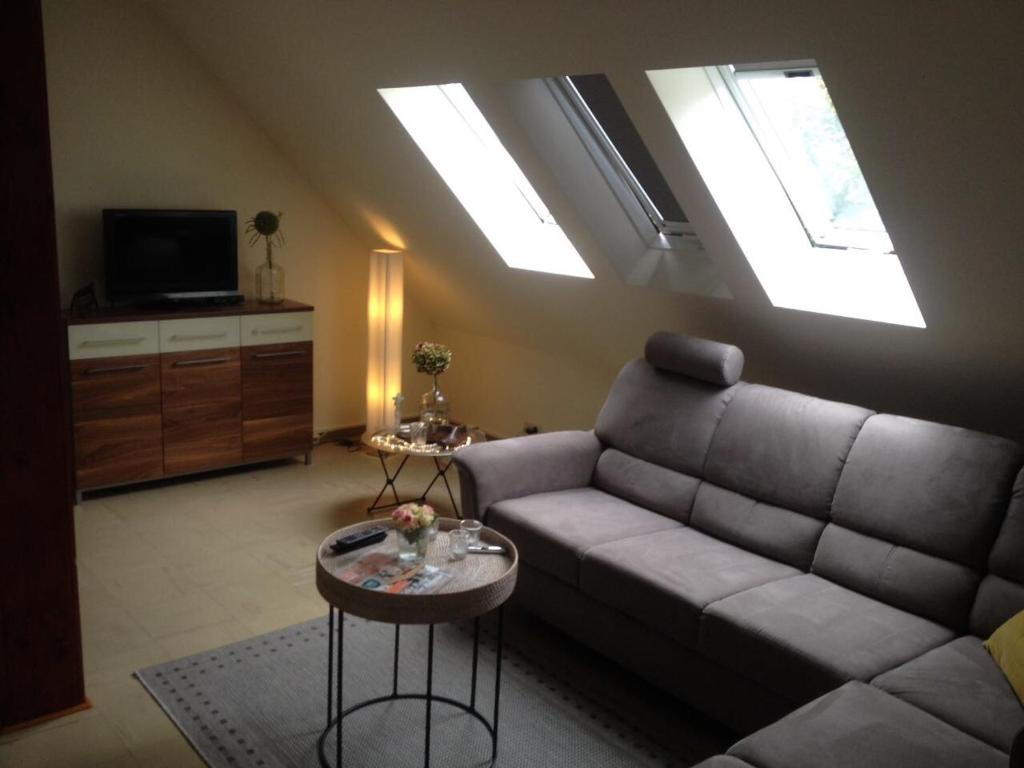 a living room with a couch and some skylights at Wohnung am Weserradweg in Deesberg