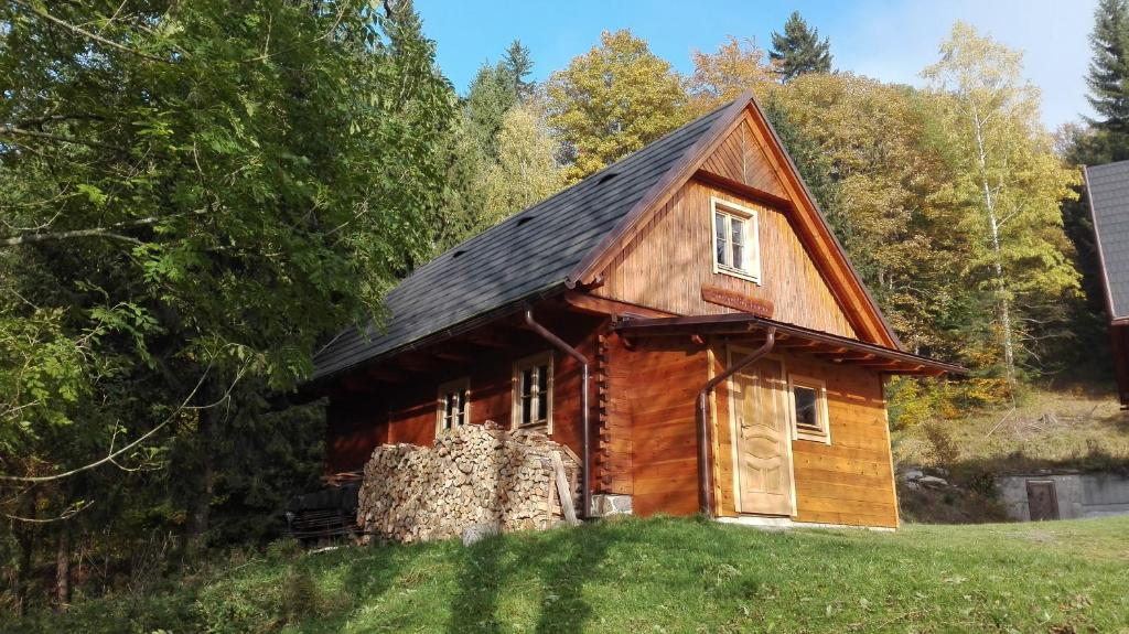 una cabaña de madera en la cima de una colina con césped en Chalupa Pod lomem - Malá, en Dolní Morava