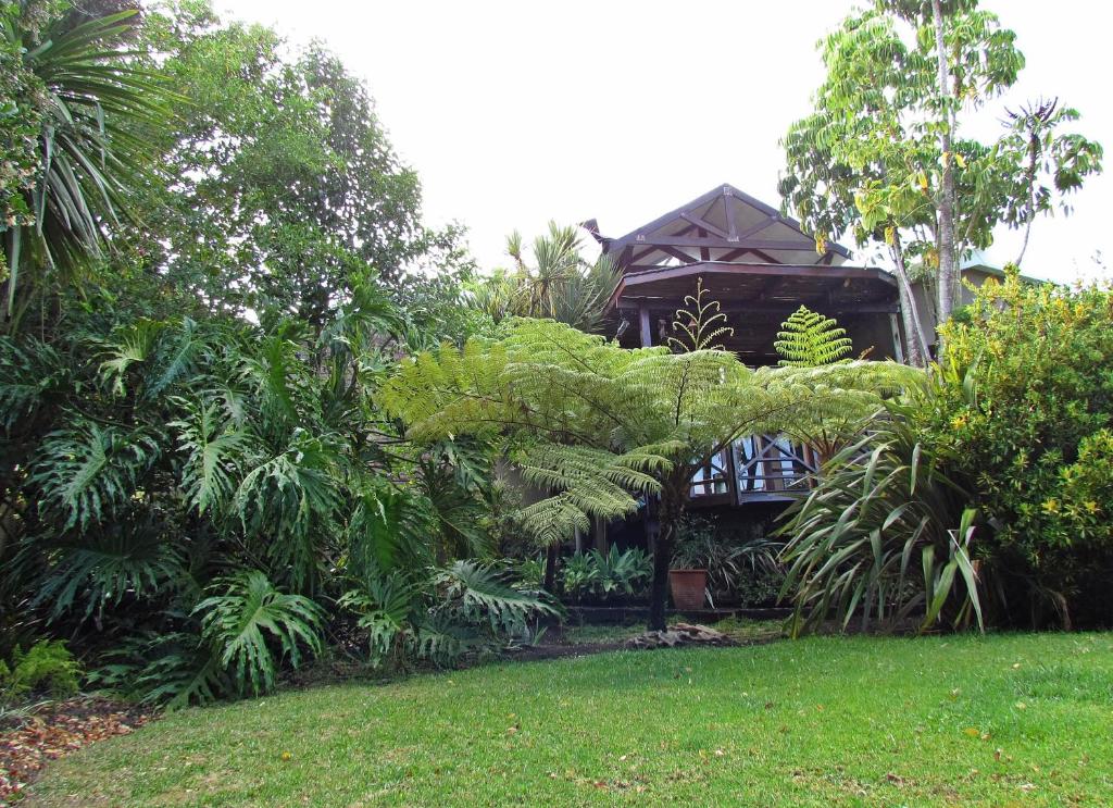 een huis omgeven door bomen en groen gras bij Jasmine Cottage in George