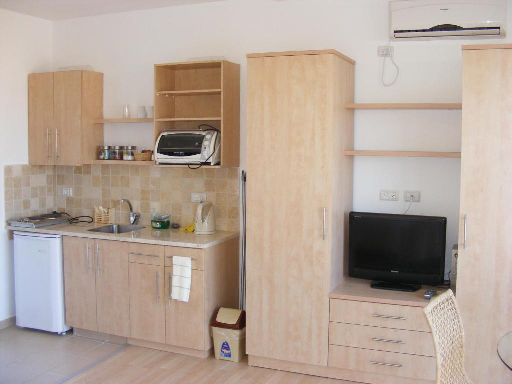 a kitchen with wooden cabinets and a sink and a tv at Nof Canaan in Kfar Adumim