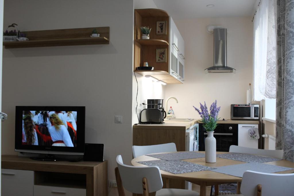 a kitchen and a dining room with a table and a television at Akord Apartment Centrum in Pärnu