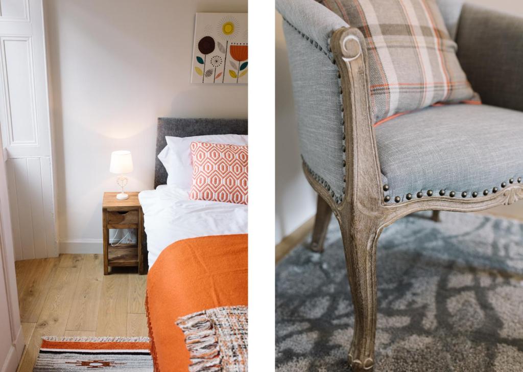 two pictures of a bedroom with a chair next to a bed at Beautiful City Centre Apartment - Holyrood Park in Edinburgh