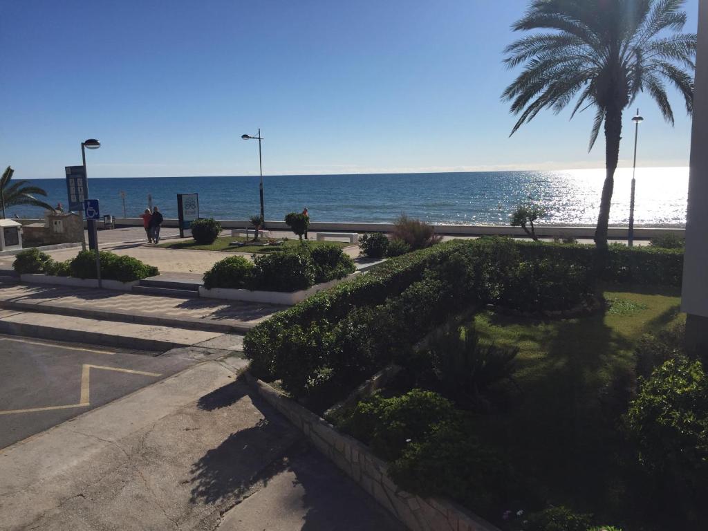 una spiaggia con una palma e l'oceano di Apartment Casaluthel Boulevard a Torrox Costa