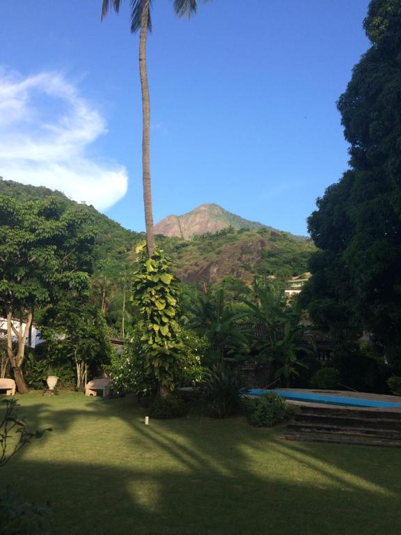 un palmier avec une montagne en arrière-plan dans l'établissement Casa Colonial Térrea no Saco da Capela em Ilhabela, à Ilhabela