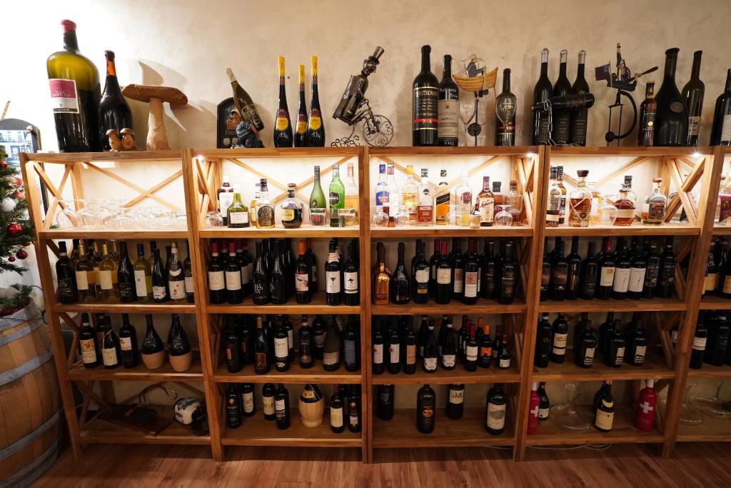 a shelf filled with lots of bottles of wine at Hotel Bahnhof Haus in Chiasso