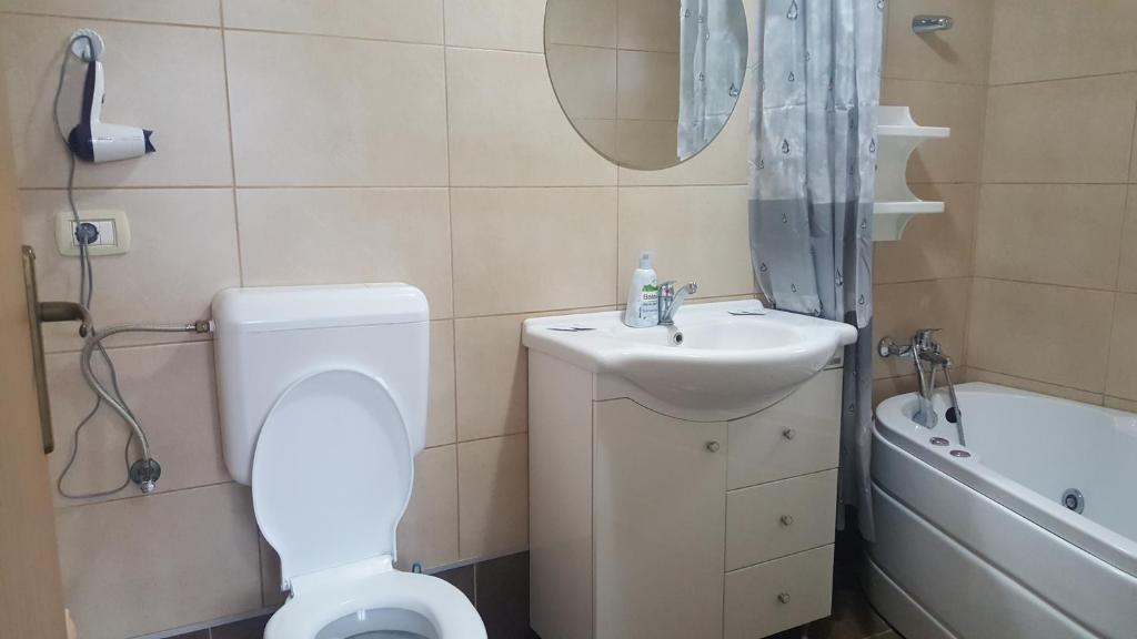 a bathroom with a toilet and a sink and a shower at Family Pension in Arad