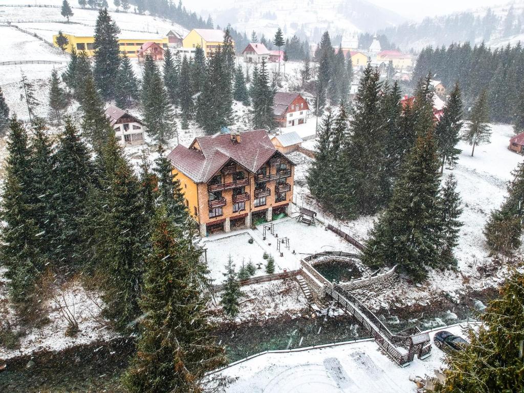 a large building in the snow with trees at Casa De Vis in Arieşeni
