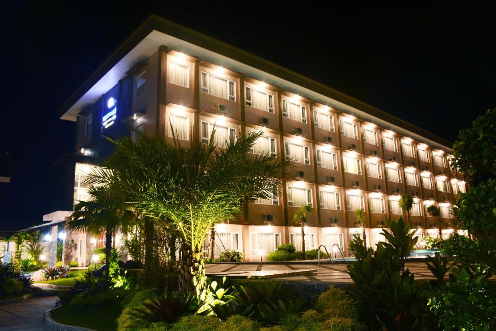 Mexolie Hotel في Kebumen: فندق بالليل فيه نخله امامه
