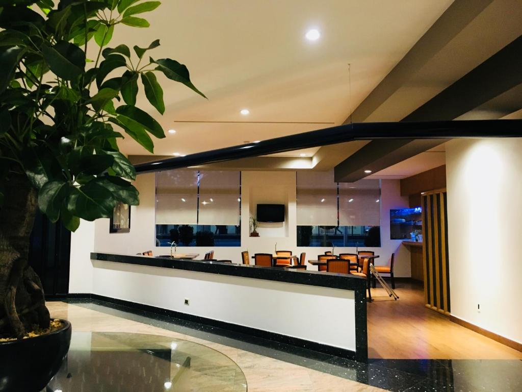An open lobby lounge and bar area beside a large indoor planter.