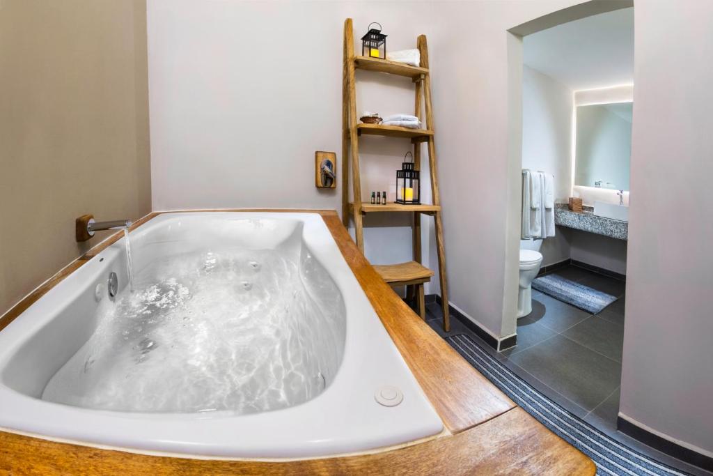y baño con bañera y aseo. en Gran Casa Xalisco, en Guadalajara