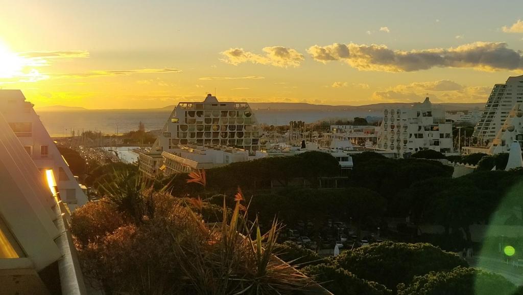 ラ・グランド・モットにあるStudio vue panoramique-centre villeの建物のある街の夕日