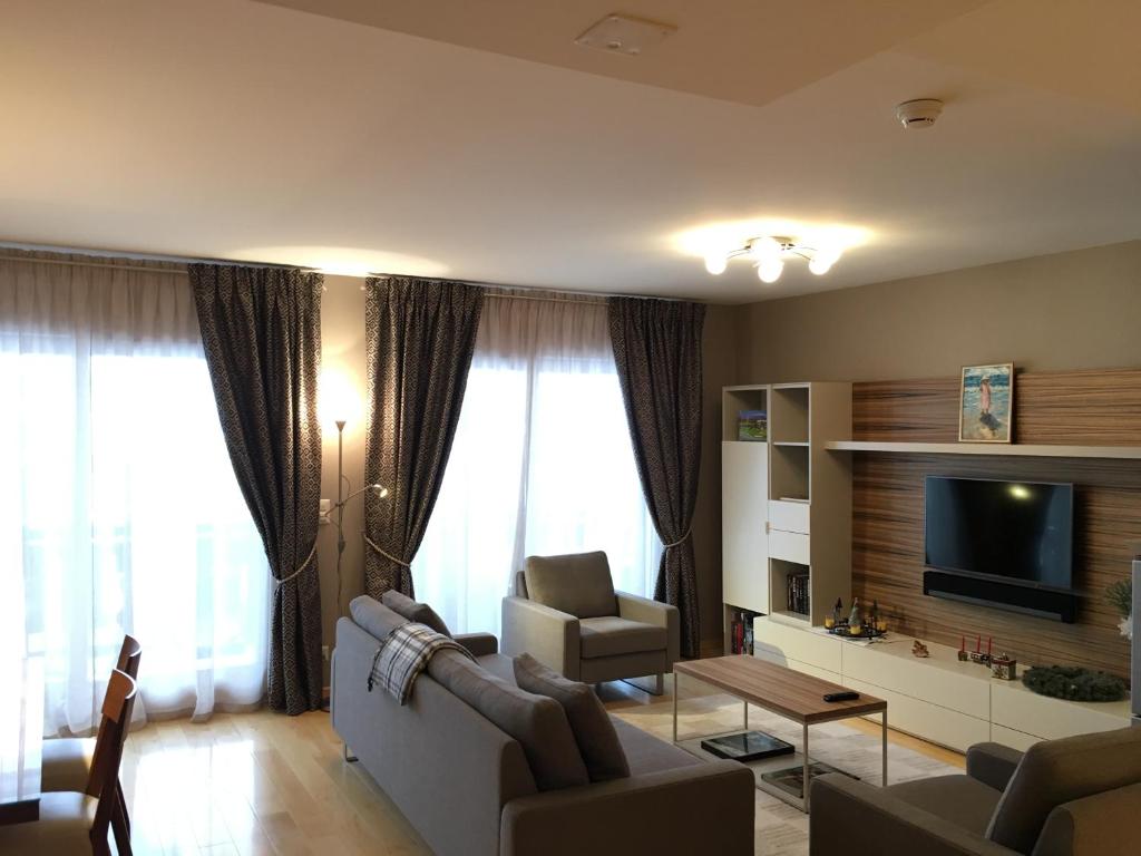 sala de estar con sofá y TV en Résidence RoyAlp - Appartement 22A en Villars-sur-Ollon