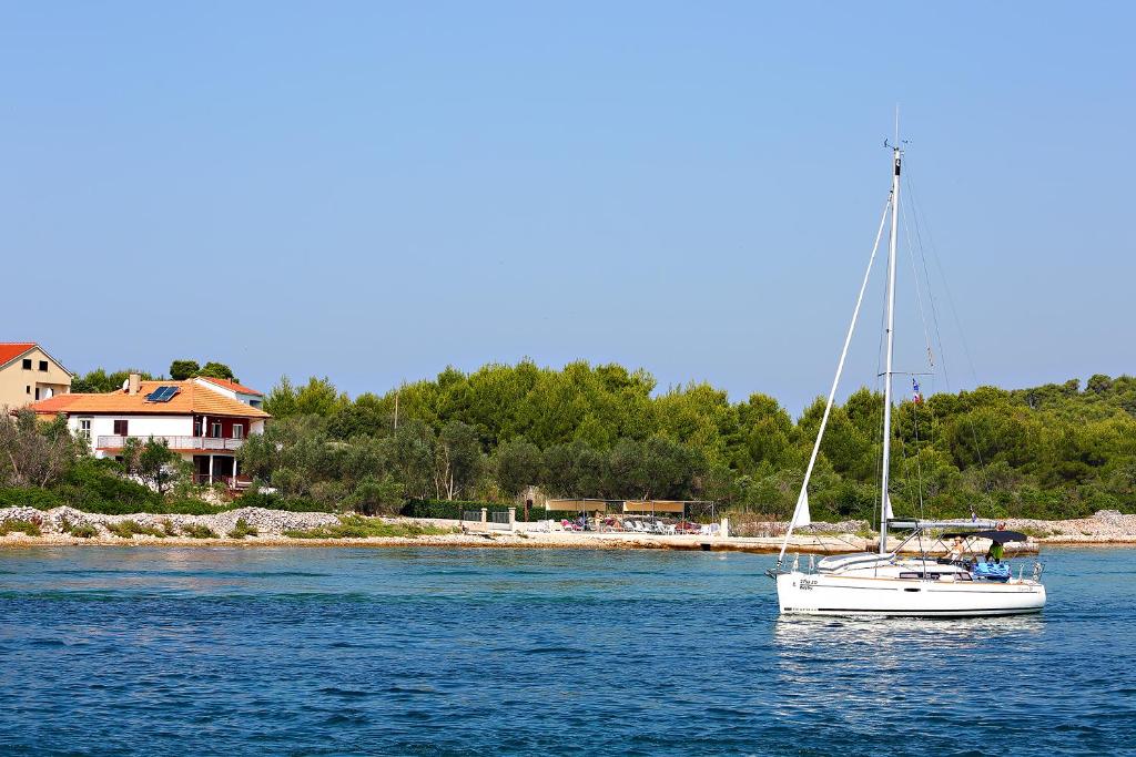a sailboat in the water in front of a house at Apartmani Nena in Ždrelac