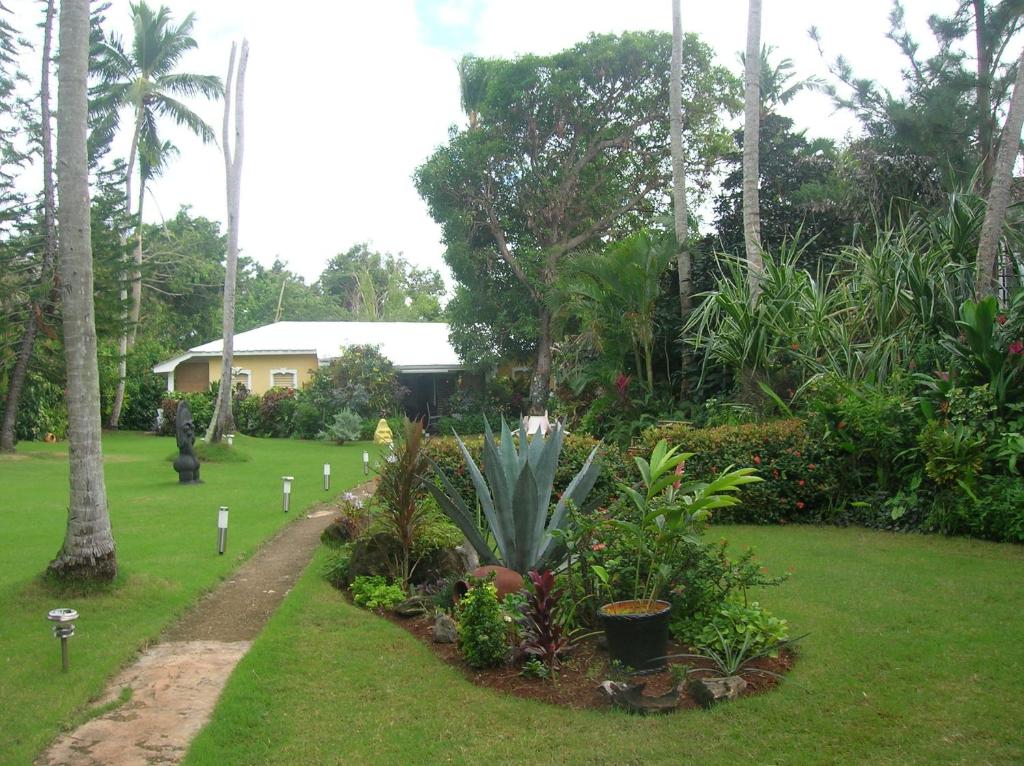 un jardín con plantas y una casa de fondo en Casa Por Que No, en Las Galeras