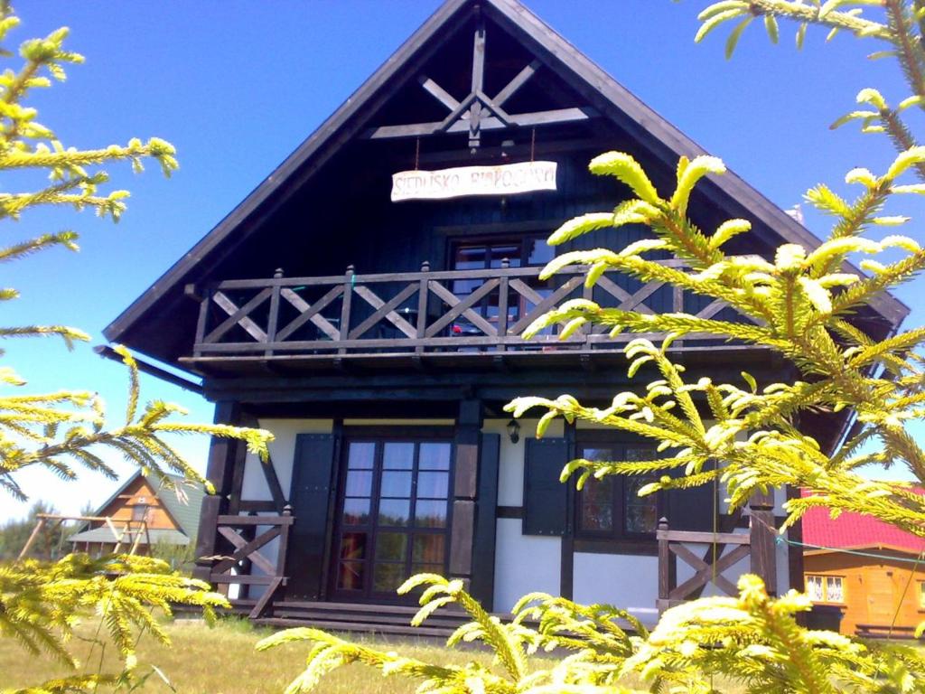 a building with a black roof with trees in the foreground at Siedlisko Białogóra in Białogóra