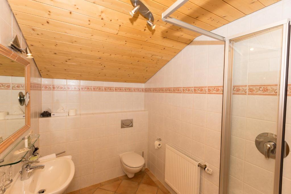 a bathroom with a toilet sink and a shower at DEVA Hotel Kaiserblick in Reit im Winkl