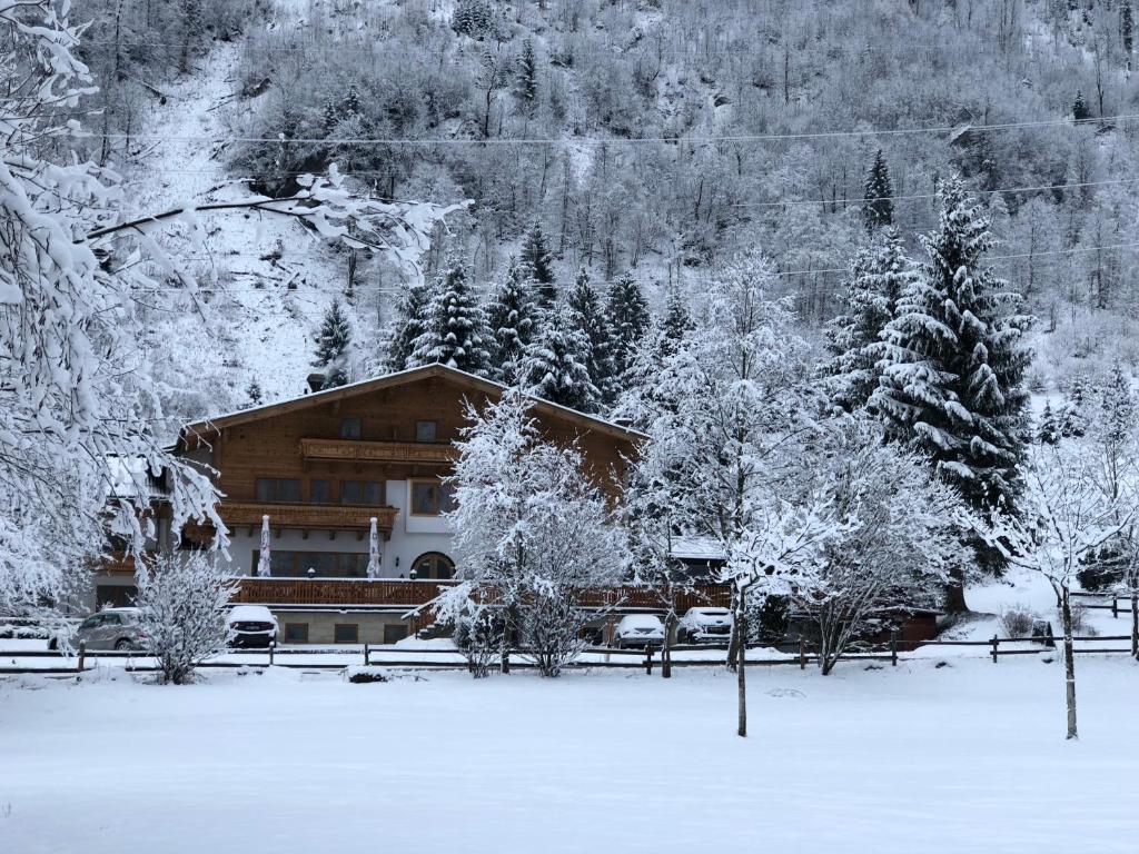 domek na śniegu z drzewami pokrytymi śniegiem w obiekcie Hotel Künstleralm w Kaprunie