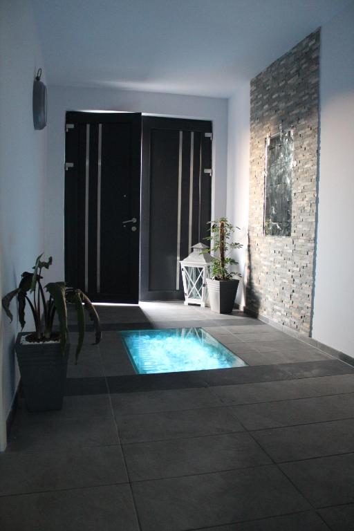 a swimming pool in the middle of a room with plants at Andromachi Apartments in Jembke