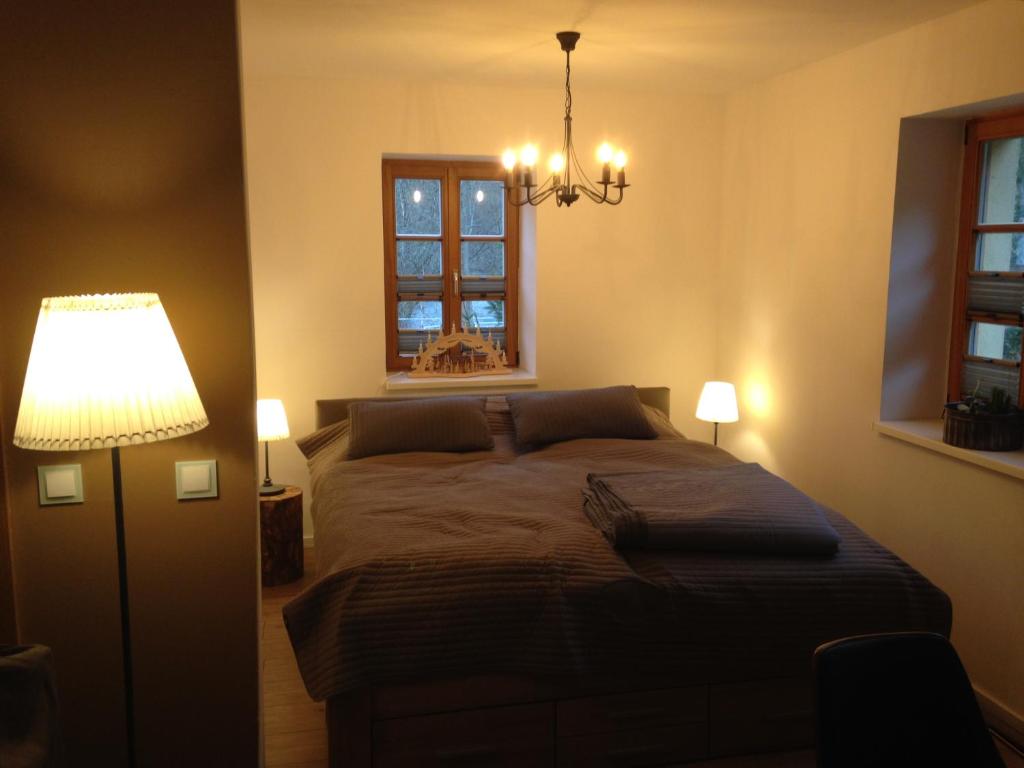 Thermalbad WiesenbadにあるFerienwohnung Himmelmühleのベッドルーム1室(ランプ付)