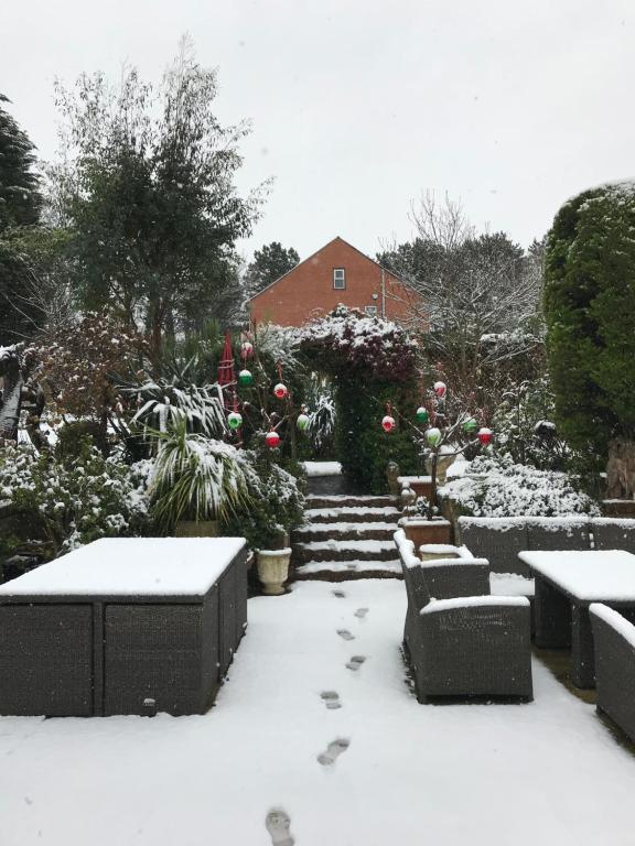 切爾滕納姆的住宿－Clematis House Gloucester Road，花园覆盖着雪,长椅和鲜花