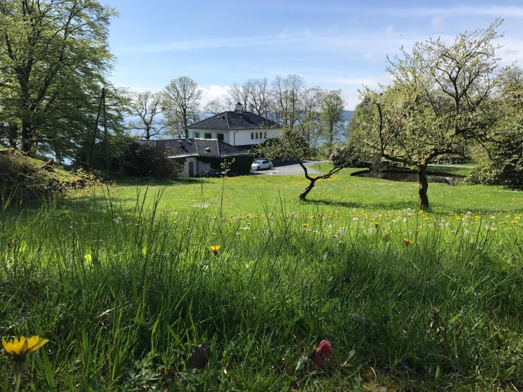 un campo de hierba con una casa en el fondo en Villa Moldegaard Apartment, en Osøyro