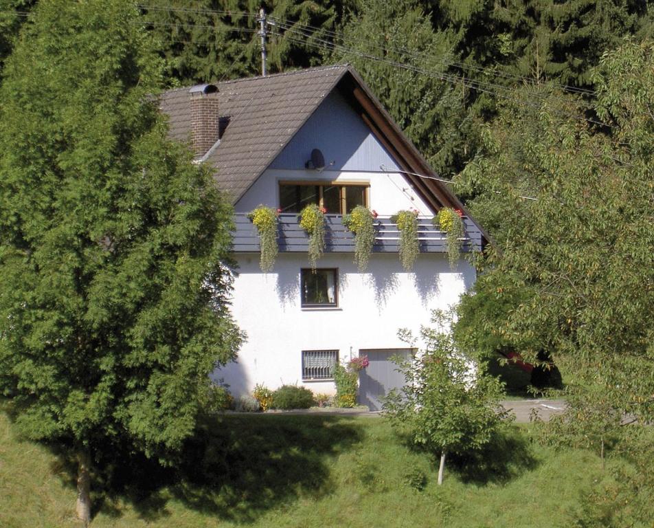 ein weißes Haus mit einem Balkon mit Blumen darauf in der Unterkunft Haus Wolter in Gengenbach