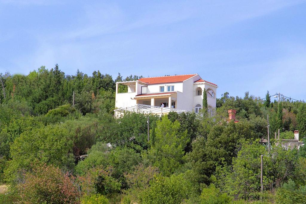 una casa en la cima de una colina con árboles en Apartments Barbara, en Slano