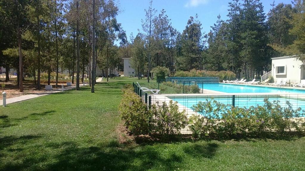 una piscina en un patio con césped y árboles en Algarrobo Bosques de la Candelaria, en Algarrobo
