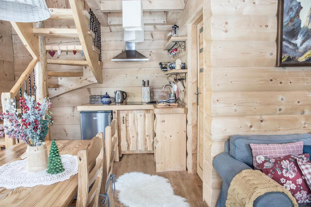 a kitchen and living room in a tiny house at Klimkówka in Zakopane