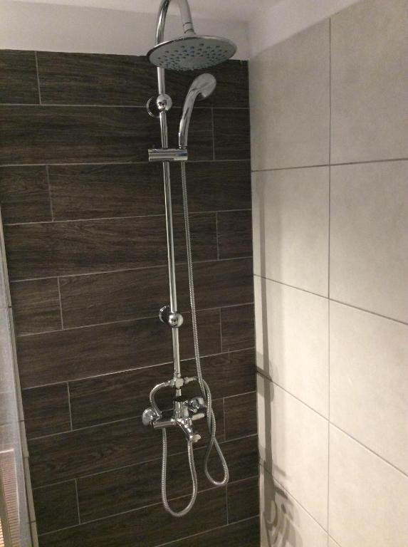 y baño con ducha y cabezal de ducha. en Renovated apartment en Athens