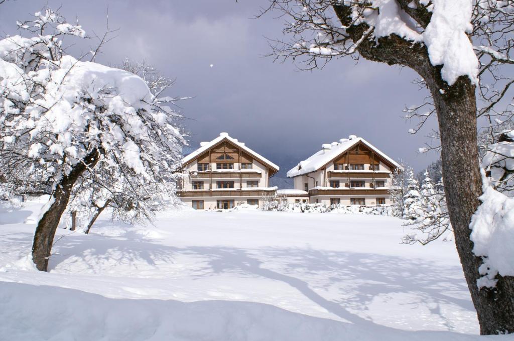 a snow covered yard in front of a lodge at appartementen Haus Bergblick in Gosau