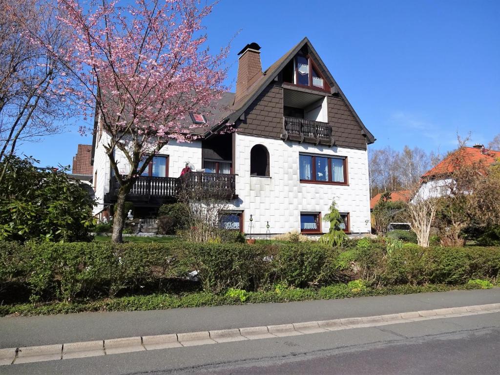 een wit huis aan de kant van een straat bij Haus Seeliger in Brand