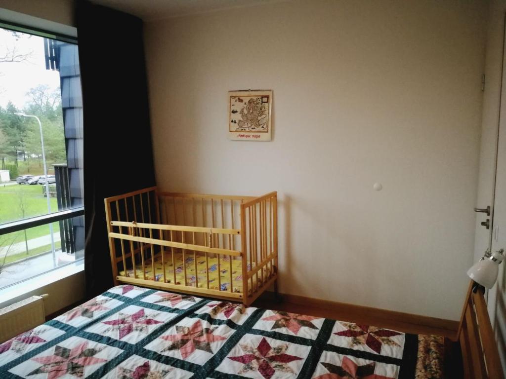 ein Kinderbett in einem Schlafzimmer mit Fenster in der Unterkunft Apartment in Druskininkai Lithuania in Druskininkai