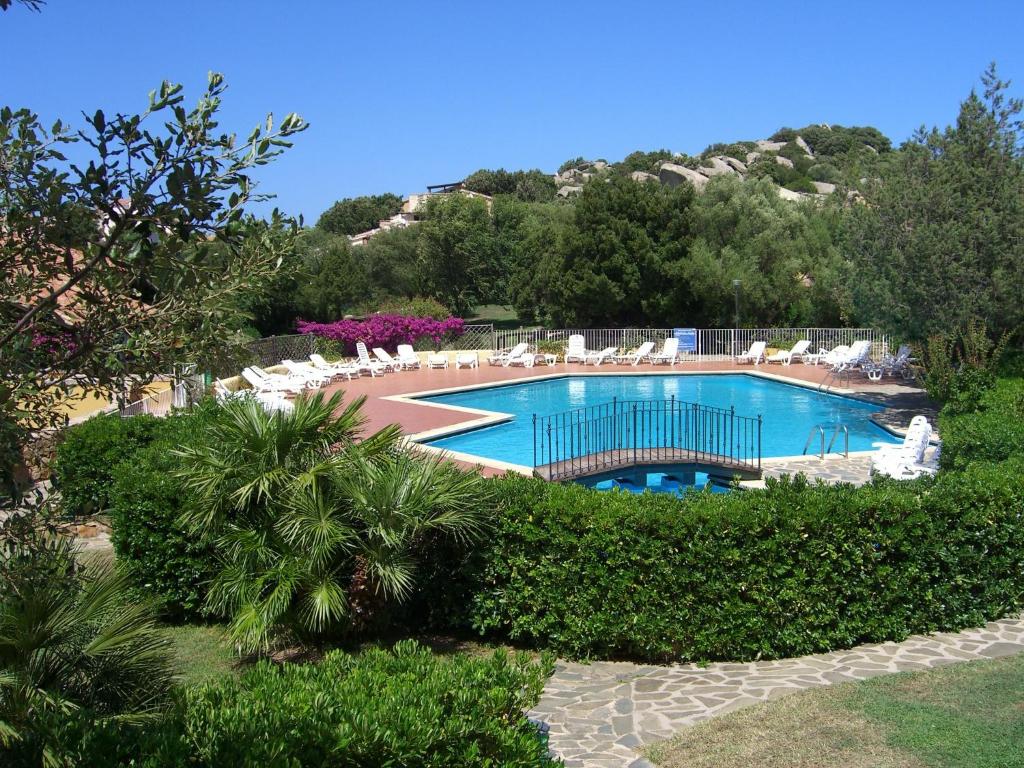 uma grande piscina com cadeiras e árvores em Rotondo Residence - Simar Vacanze em Porto Rotondo