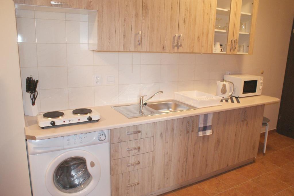kuchnia z pralką i zlewem w obiekcie Apartamenty na Dębcu w Poznaniu