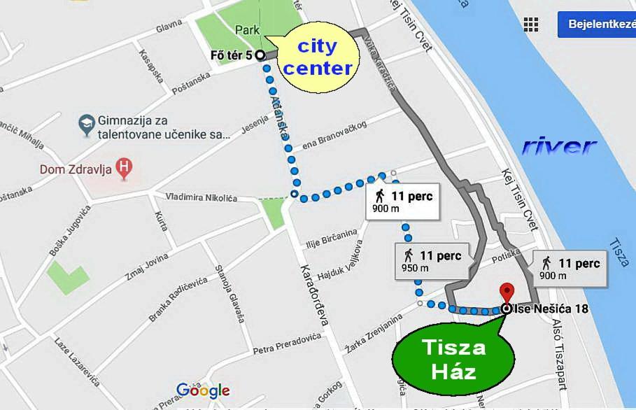 a map of the city center with the tisa h at Guest House Tisza Ház in Senta