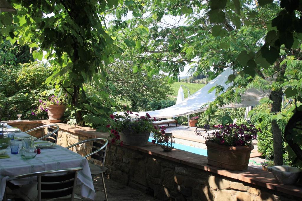 a garden with a table and a swimming pool at Il Fico in Chianti in Gaiole in Chianti