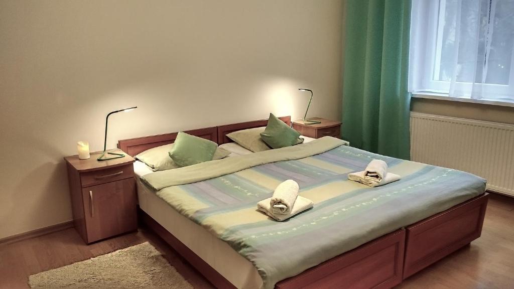 トルンにあるPod Jarzębinąのベッドルーム1室(大型ベッド1台、タオル付)